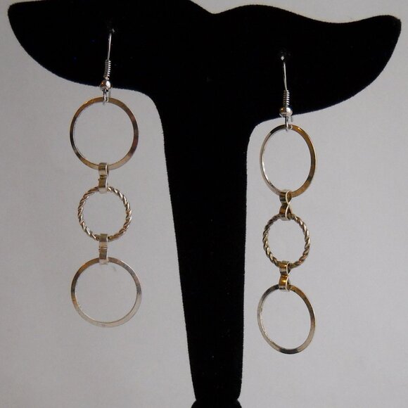 3 Ring Hoop Earrings Silvertone Metal Rope Chain Handcrafted Pierced Dangle OOAK - Picture 2 of 6